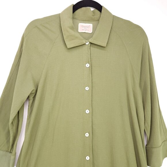 9Seed Long Shirt Dress Maxi Button Up Semi Sheer Medium Green Collard Made USA - Picture 3 of 14